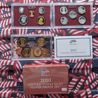 2010-S U.S. Mint Silver Proof Set with Presidential Dollars, ATB Quarters, and Sacagawea Dollar in OGP w/ COA - Includes (7) 90% Silver...