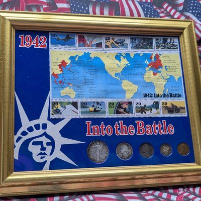 1942 WWII Into The Battle 5 Type Coin Collectors Set & 29 Cent Stamps In Gold Frame - Includes (3) 90% Silver Coins & (1) 35%...