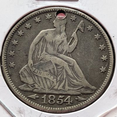 1854 Seated Liberty 90% Silver Half Dollar w/ Arrows - VF - Holed