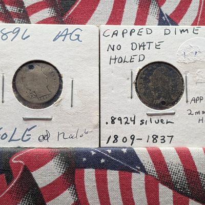 1896 Barber 90% Silver Dime w/ Hole and No Date Capped Bust Silver Dime w/ Hole
