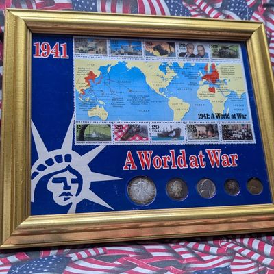 1941 WWII A World at War 5 Type Coin Collectors Set & 29 Cent Stamps In Gold Frame - Includes (3) 90% Silver Coins