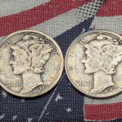 1930 & 1931 Mercury 90% Silver Dimes