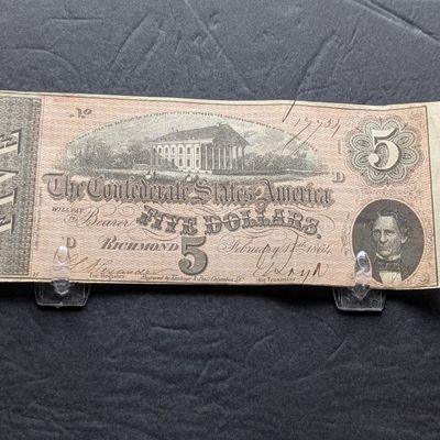 1864 Series Confederate States of America $5 Note - Very Off Center - Really Nice Note