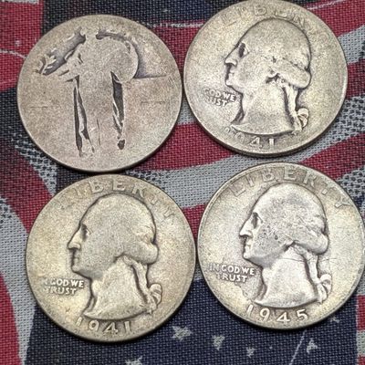 No Date Standing Liberty Quarter, (2) 1941 Washington Quarters, (1) 1945 Washington Quarter - All Are 90% Silver