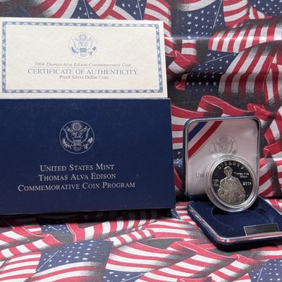 2004-P Thomas Edison 125th Anniversary of the Lightbulb Commemorative Proof 90% Silver Dollar In OGP w/ COA