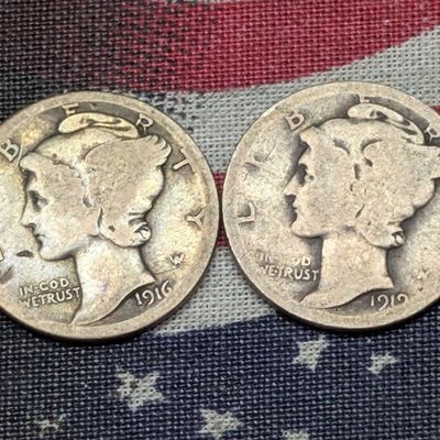 1916-S & 1919-D Mercury 90% Silver Dimes