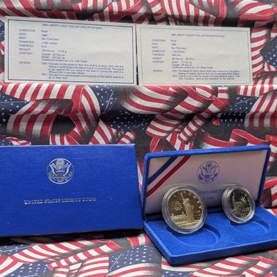 1986-S U.S. Liberty Commemorative Set with 90% Silver Proof Dollar 26.73g and Clad Proof Half Dollar in OGP w/ COA