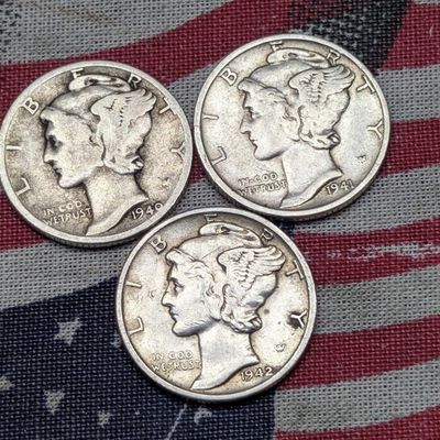 Sale Photo Thumbnail #212: 1940, 1941, & 1942-S Mercury 90% Silver Dimes, WWII Era, Over 80 Years Old!