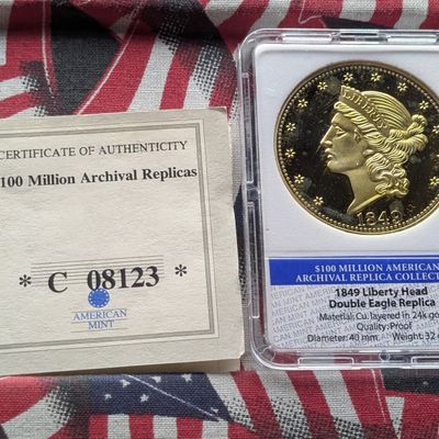 Sale Photo Thumbnail #3: *COPY* 1849 Liberty Head Double Eagle Replica, PROOF, 24KT. Gold Layered