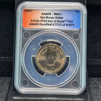 Sale Photo Thumbnail #301: 2008-P Martin Van Buren Presidential Dollar ANACS Certified MS 67 - 3-Coin First Day of Issue Set