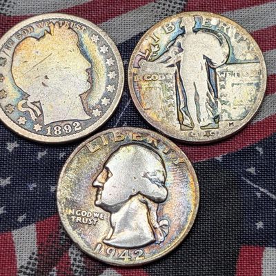 Sale Photo Thumbnail #110: 1892 Barber 90% Silver Quarter, 1929 Standing Liberty 90% Silver Quarter, & 1942-D Washington 90% Silver Quarter - Nice Toning!!