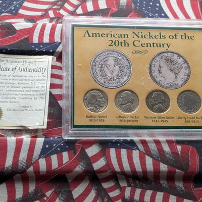 Sale Photo Thumbnail #278: 1936 Indian Head Buffalo Nickel, 1910 Liberty Head V Nickel, 1942 Jefferson Nickel, & 1943-P Jefferson 35% Silver Wartime Nickel In American Nickels of the 20TH Century Set