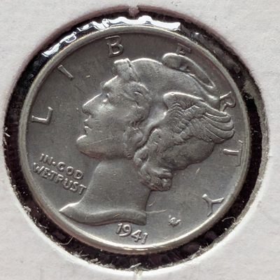 Sale Photo Thumbnail #329: 1941-D Mercury 90% Silver Dime - (AU-UNC/WWII ERA), 85 Years old