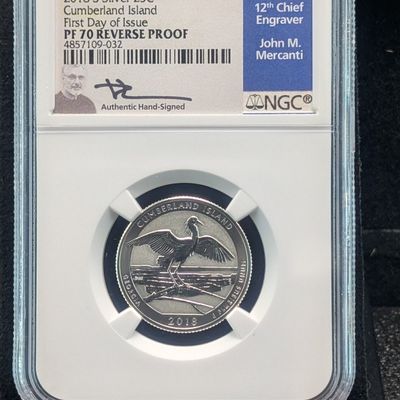 Sale Photo Thumbnail #349: 2018-S Cumberland Island Reverse Proof 90% Silver Quarter NGC PF 70 Reverse Proof - First Day of Issue - Slab Signed By John Mercanti