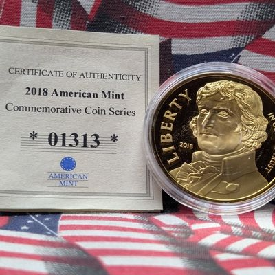 Sale Photo Thumbnail #150: 2018 American Mint Thomas Jefferson 3rd President, PROOF, 24KT Gold Layered