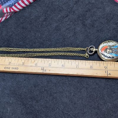 Sale Photo Thumbnail #91: VTG Indian Head Pocket Watch w/ Chain - Runs Well!!