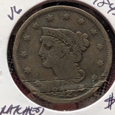 Sale Photo Thumbnail #280: 1842 Braided Hair Liberty Head Large Cent - 184 Years Old!