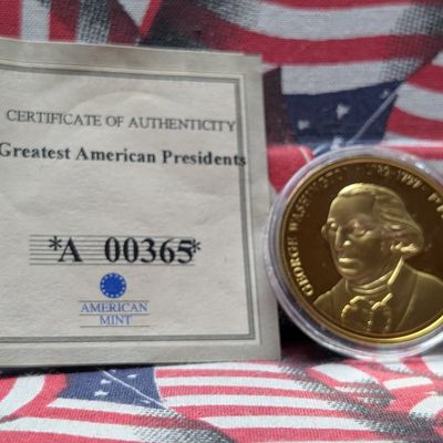 Sale Photo Thumbnail #263: 2008 American Mint George Washington, Our 1ST President, PROOF, 24KT Gold Layered Comm. Medal