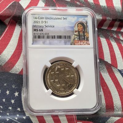 Sale Photo Thumbnail #203: 2021-D Military Service Native American Dollar NGC MS 68 - From 14 Coin Unc. Set