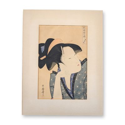 Sale Photo Thumbnail #541: After Kitagawa Utamaro (Japanese 1753-1806) Woodcut on Paper, Anthology of Poems, The Love Section