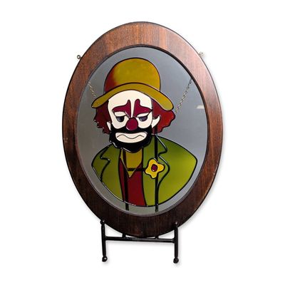 Sale Photo Thumbnail #451: Oval Wood Framed Painted Glass Clown Suncatcher