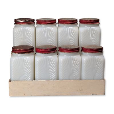 Sale Photo Thumbnail #446: Set of 8 Milk Glass Sunburst Pattern Spice Jars in Rack