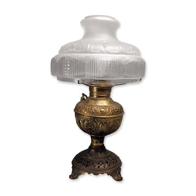 Sale Photo Thumbnail #118: Edward Miller & Co. Brass Non-Explosive Kerosene Banquet Lamp and Shade