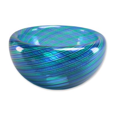 Sale Photo Thumbnail #11: Orlando Zennaro (Italian, b.1932) Murano Art Glass Teardrop Spiral Blue & Green Bowl, Signed