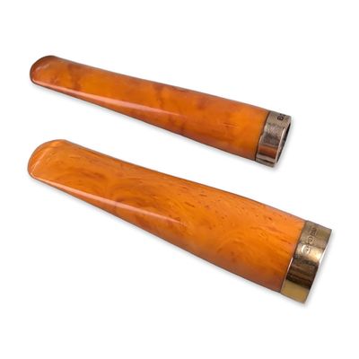 Sale Photo Thumbnail #345: 2pc G. Loveridge and Co. 9K Rose Gold Mounted Amber Cheroot Holders