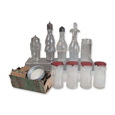Sale Photo Thumbnail #447: 10pc Hoosier Glass Spice Shakers, Pressed Glass Cruets and Boyds Mason Caps