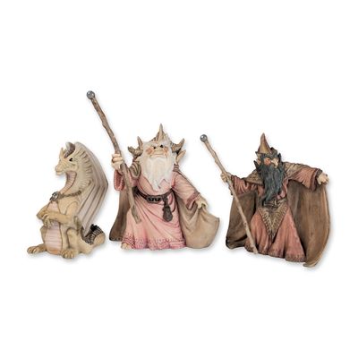 Sale Photo Thumbnail #502: 3pc L.N. Borg Ken Wheatley Polystone Wizard and Dragon Figurines