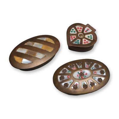 Sale Photo Thumbnail #570: 3pc Brass and Mother of Pearl Inlaid Ring Boxes