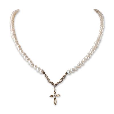 Sale Photo Thumbnail #136: Danbury Mint Pearl and Gold-Plated Diamond Cross Necklace