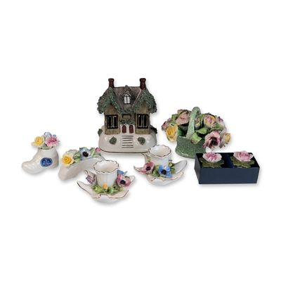 Sale Photo Thumbnail #509: 8pc English Bone China Floral Figurines and Staffordshire Ware Cottage