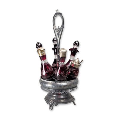 Sale Photo Thumbnail #449: 7pc Victorian Silver Plate and Cranberry Cut to Clear Glass Castor Set