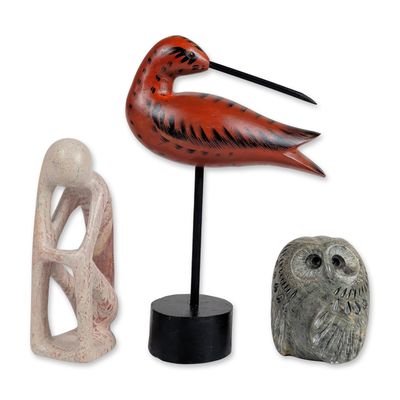 Sale Photo Thumbnail #323: 3pc Hand Carved Stone and Wood Sculptures, Includes Glenn Heath Owl