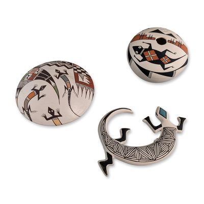 Sale Photo Thumbnail #501: 3pc Acoma Pueblo Seed Pots & Lizard by Carolyn Concho, Alma F. Lewis