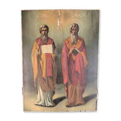 Sale Photo Thumbnail #346: Russian Oil on Wooden Board Icon Saint Cyril and Methodius