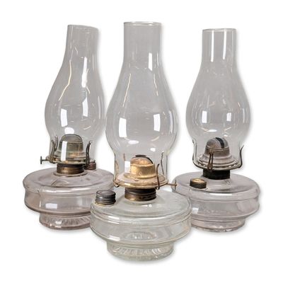 Sale Photo Thumbnail #453: 3pc Clear Glass Queen Anne Kerosene Table Lamps