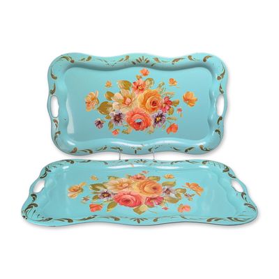 Sale Photo Thumbnail #253: 2pc Mid-Century Hand Painted Toleware Floral Trays