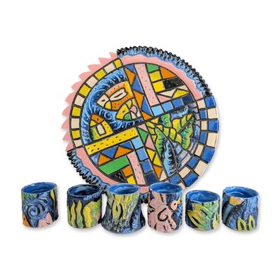 Sale Photo Thumbnail #250: Eddie Dominguez (American, b. 1957) Contemporary Ceramic Platter and Tumblers Set, Signed