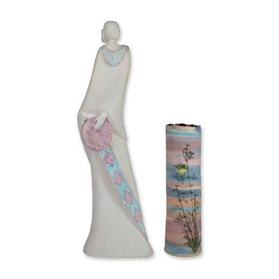 Sale Photo Thumbnail #322: 2pc Alan Steinberg Vermont Studio Art Pottery Landscape Vase and Florentine Chalkware Standing Woman