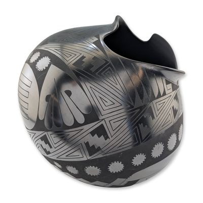 Sale Photo Thumbnail #544: Mata Ortiz Blackware Pottery Olla with Asymmetrical Rim, Signed