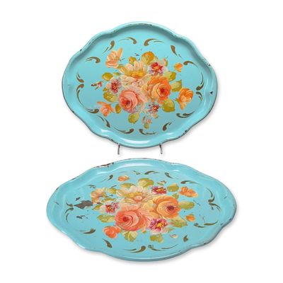 Sale Photo Thumbnail #254: 2pc Mid-Century Toleware Hand Painted Floral Trays