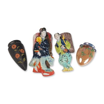 Sale Photo Thumbnail #456: 4pc Japanese Ceramic Wall Pocket Figurines and Vases