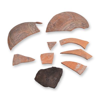 Sale Photo Thumbnail #471: 9pc Ancient Indus Valley Style Terracotta Pottery Fragments and Stone