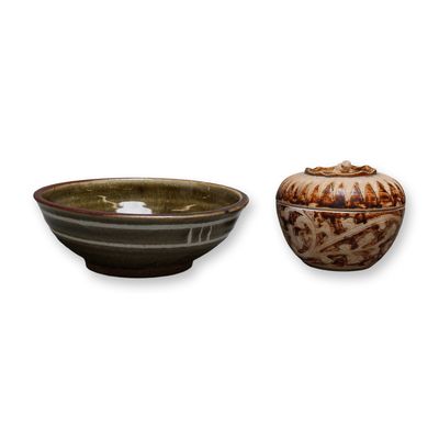 Sale Photo Thumbnail #239: 2pc Southeast Asian Glazed Ceramic Stoneware Vessels