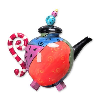 Sale Photo Thumbnail #244: Whimsical Multi-Patterned Hand Painted Ceramic Teapot