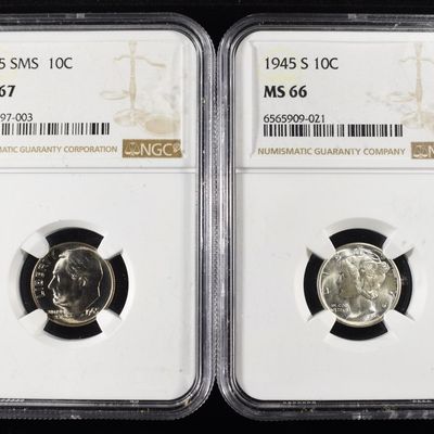 Sale Photo Thumbnail #202: (2) GRADED DIMES NGC MS66-67