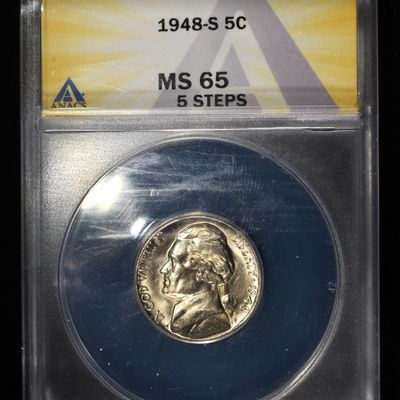 Sale Photo Thumbnail #196: 1948-S JEFFERSON NICKEL ANACS MS65 5 STEPS
